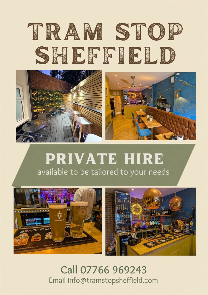 Tram Stop Sheffield private hire flyer showing the outdoor terrace, interior seating, drinks and bar